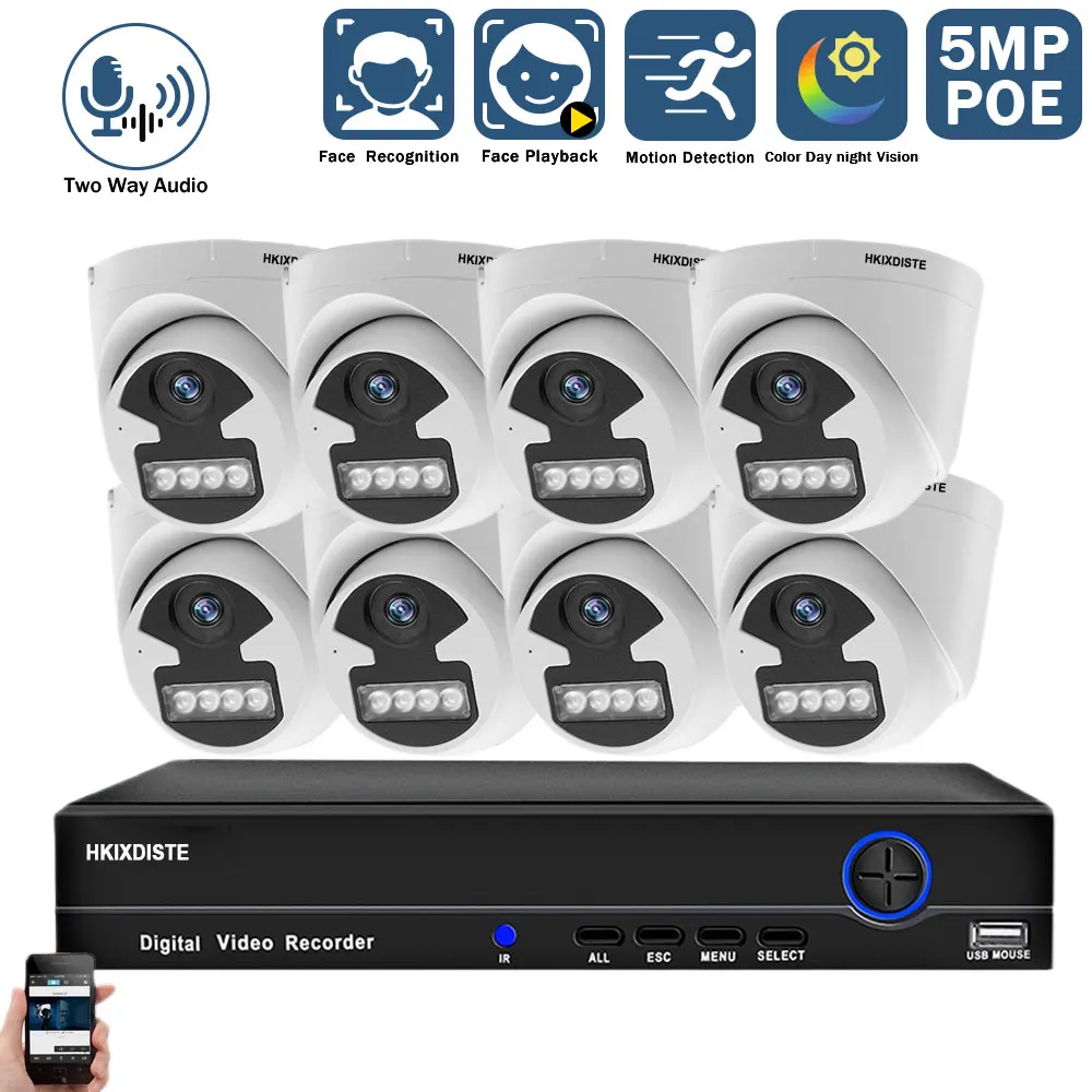 

8CH 5MP POE Network Video Security System H.265 4K NVR With 5MP Surveillance POE Cameras With Two way audio IP Dome Camera Set