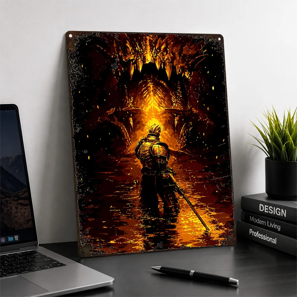 Mortal Shell Knight Facing Fire Printed Poster Dark Fantasy Wall Art For Home Office Customized Aluminum Metal Sign Gamer Gift