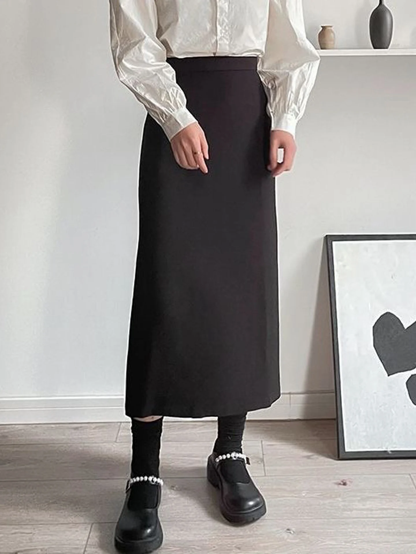 High Waist Black Suit Skirt Korean Style A-Line Long Skirt Professional One-Step Split Design for Women Autumn Season