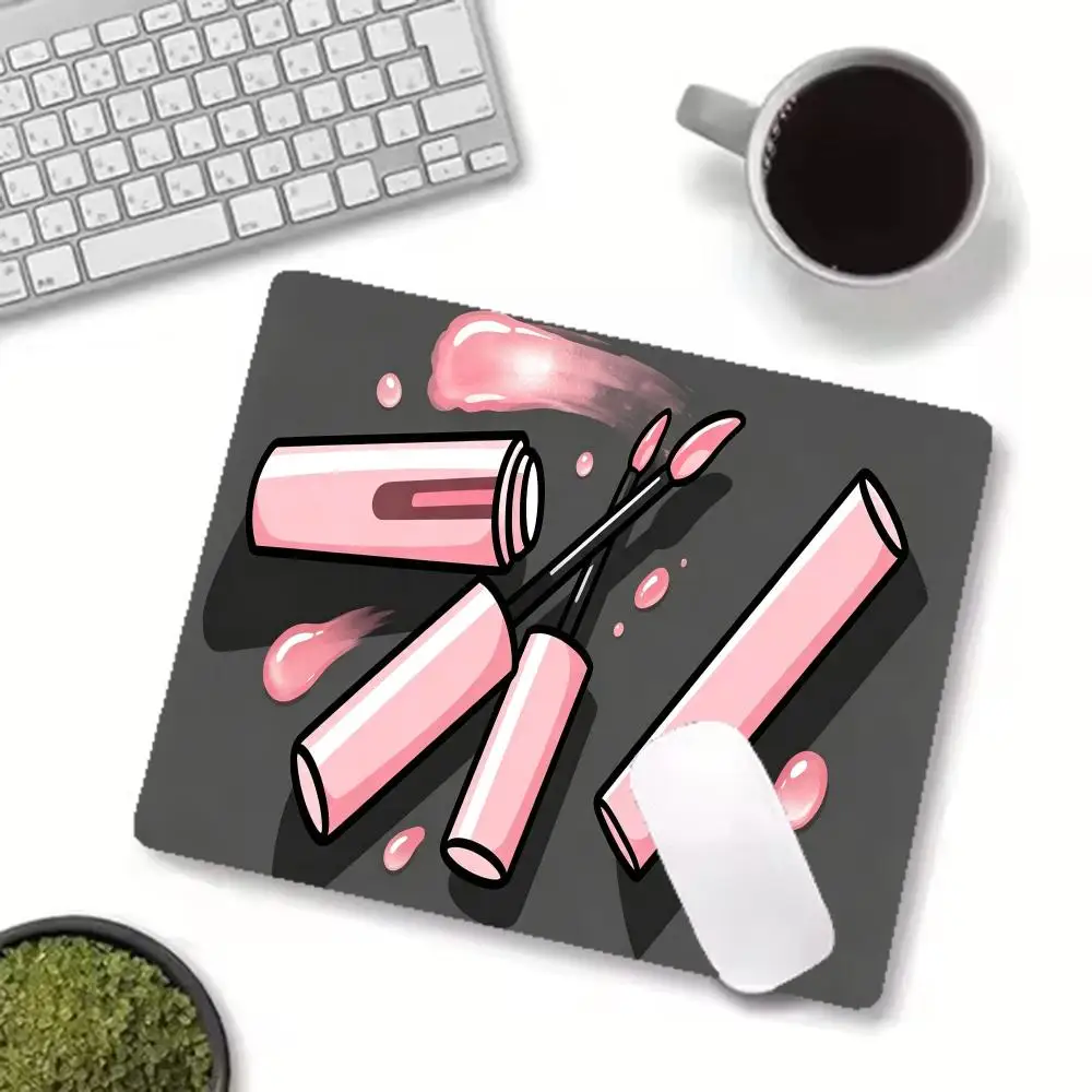 Mouse Pad Fashion Beauty Pink Lip Gloss Cosmetic Artwork Game Desk Mat Natural Rubber Non‑Slip Large Size For Laptop  Work