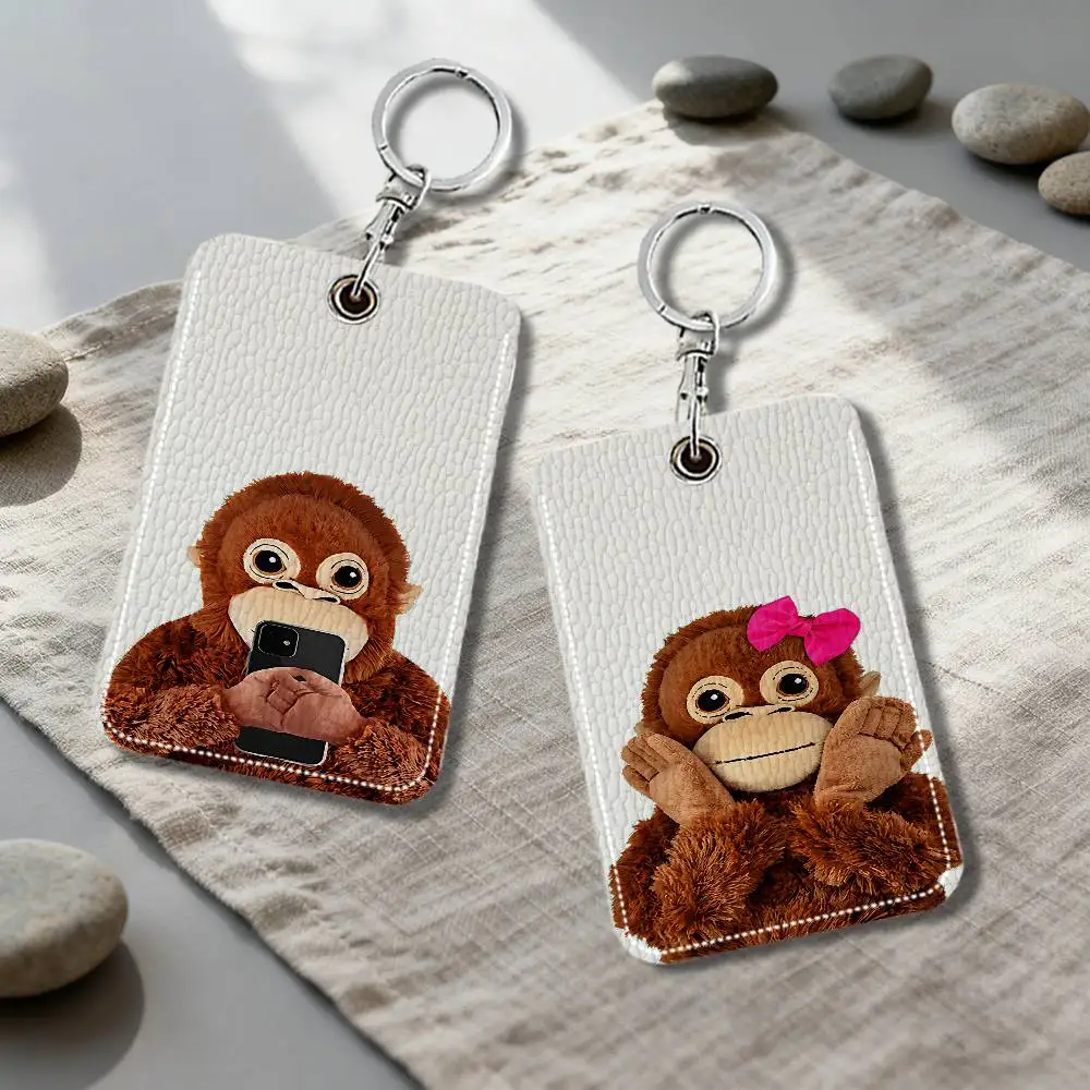 Korean Ins Cute Monkey Keyring Leather Access Card Holder Keychain Community Proximity Card Protective Case
