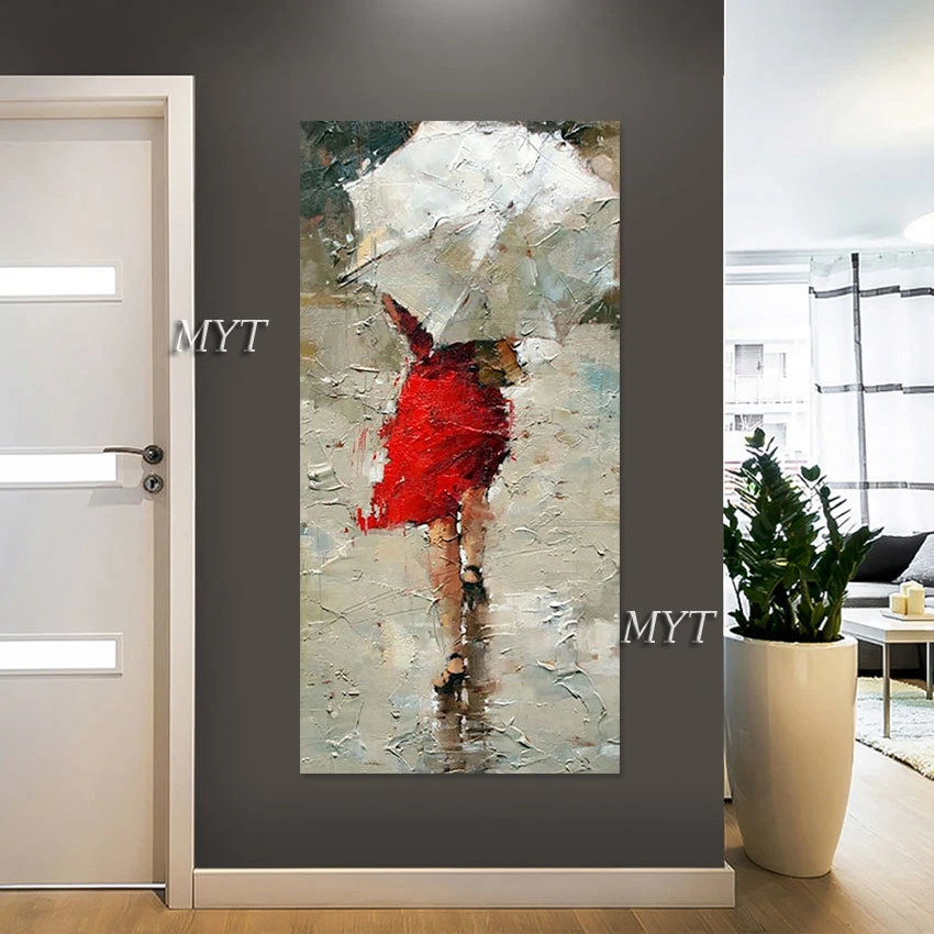 Bedroom Decor Oil Painting Acrylic Art Wall Picture Canvas Artwork Unframed, Abstract The Girl In Red With The Umbrella Painted