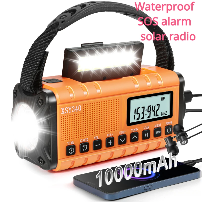 

10000mAh Emergency Radio Portable Solar Hand Crank Waterproof Weather Radios with AM/FM Flashlight Reading Lamp SOS Alarm