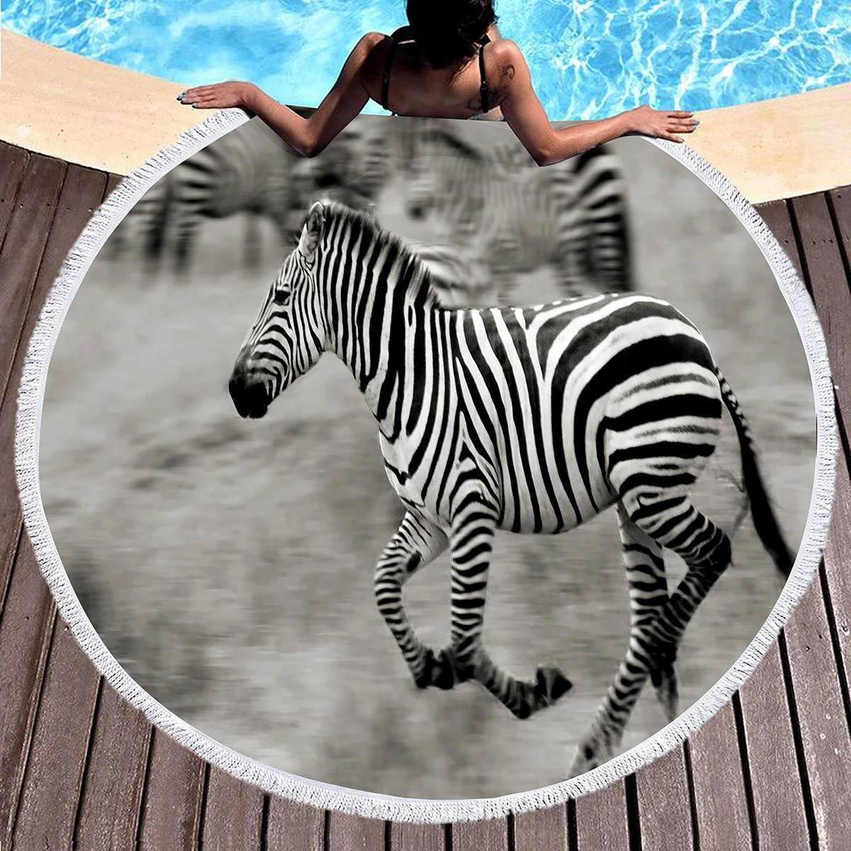 Wild Animal Zebra Round Beach Towel with Tassels for Women Adult Swim Pool Yoga Absorbent Sand Free Quick Dry Circle Bath Towel