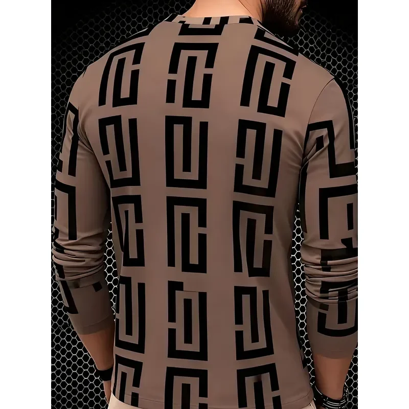 3D Printed Casual Long Sleeve Men T Shirt 2026 Geometric Color Block Splicing Retro Crew Neck Pullover Top Spring Autumn