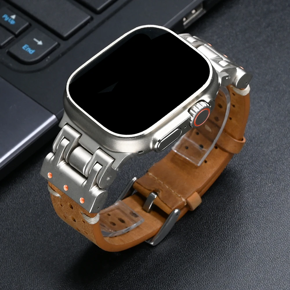 Leather strap for Apple Watch Ultra 2 49mm Series 9 7 8 45mm 44mm 42mm Band Men Luxury Bracelet for iWatch ultra 49 9 6 5 4 Se 3