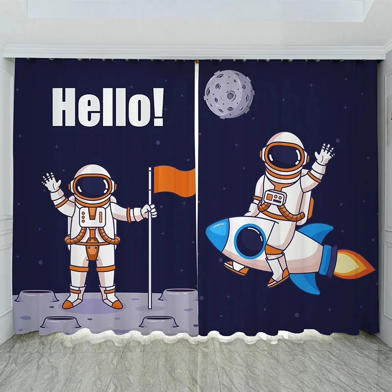 Nordic Ins Style Cartoon Comics High Shading Curtain Space Astronaut Trend Creative Boy Children's Room Simple Curtains 2Pcs