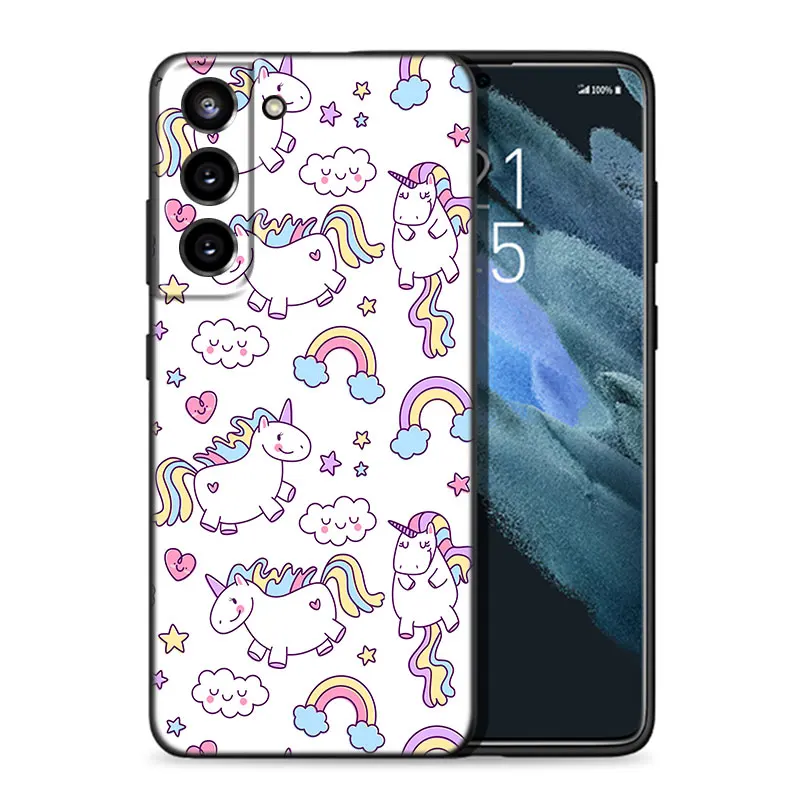 Cute Rainbow Unicorn Phone Case For Samsung Galaxy S20 S21 FE S22 Ultra S10 Lite S10E S9 S8 Plus S7 Edge Soft TPU Black Cover