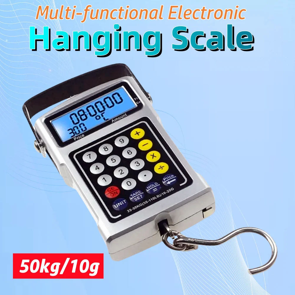 50KG/10G Multifunctional Hanging Scale Shopping Fishing Grocery Luggage Scale Calculator Ruler Thermometer Hook Pricing Scale