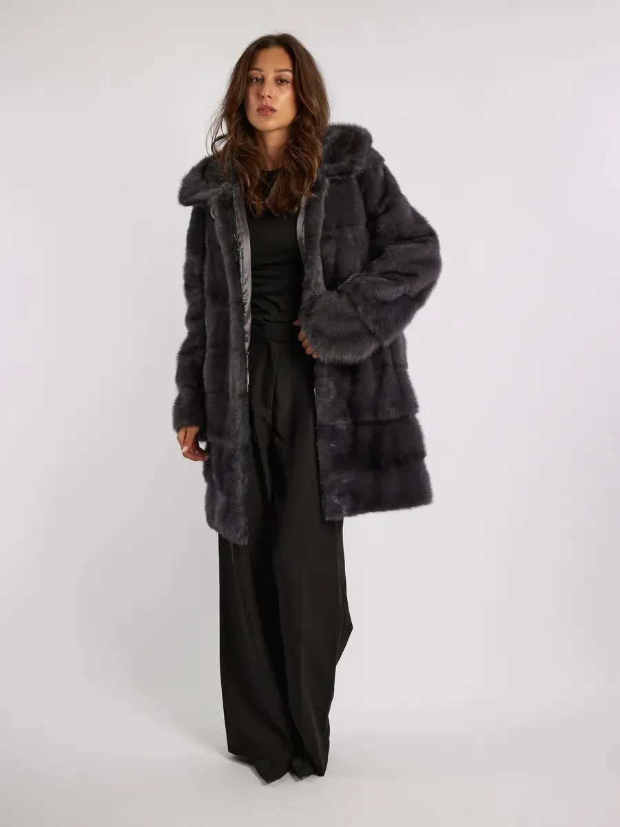 IG Women Dark Grey Hooded Horizontal Paneled Mid-Length Faux Fur Coat, Side Pockets, Winter Warm Elegant Commute Outerwear