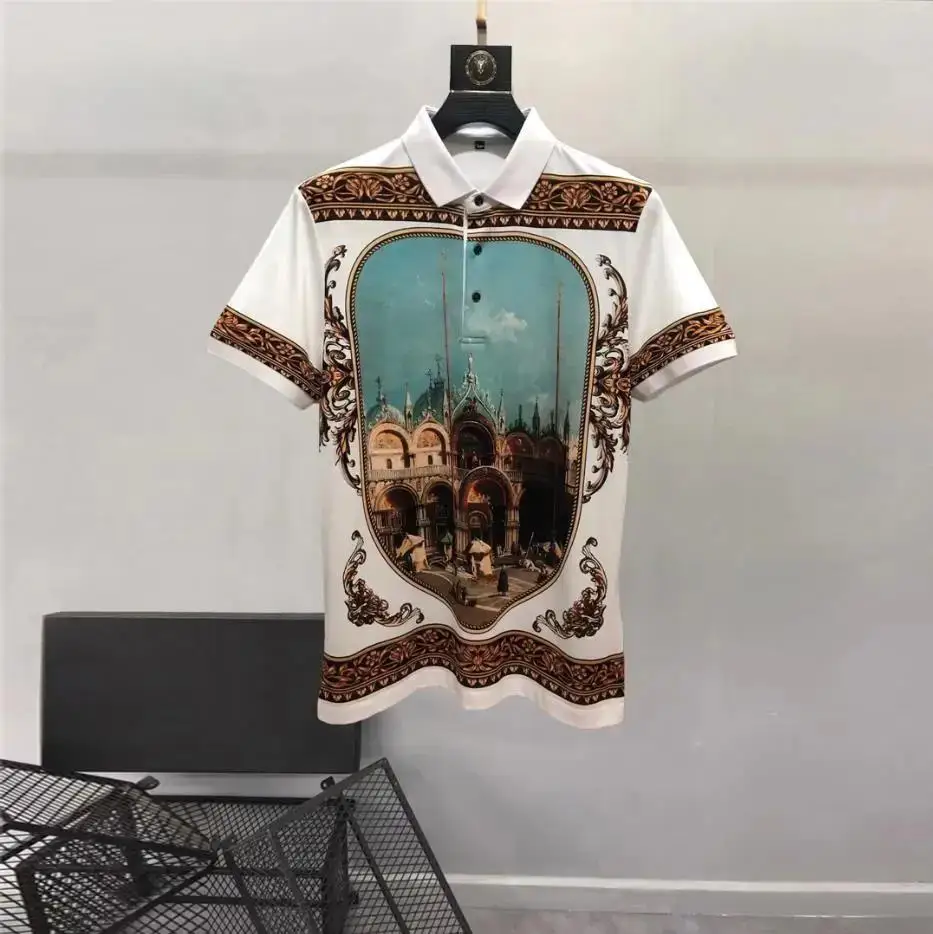 European and American men's 2023 summer new Lapel short sleeves fashion Palace Architecture print T-shirt