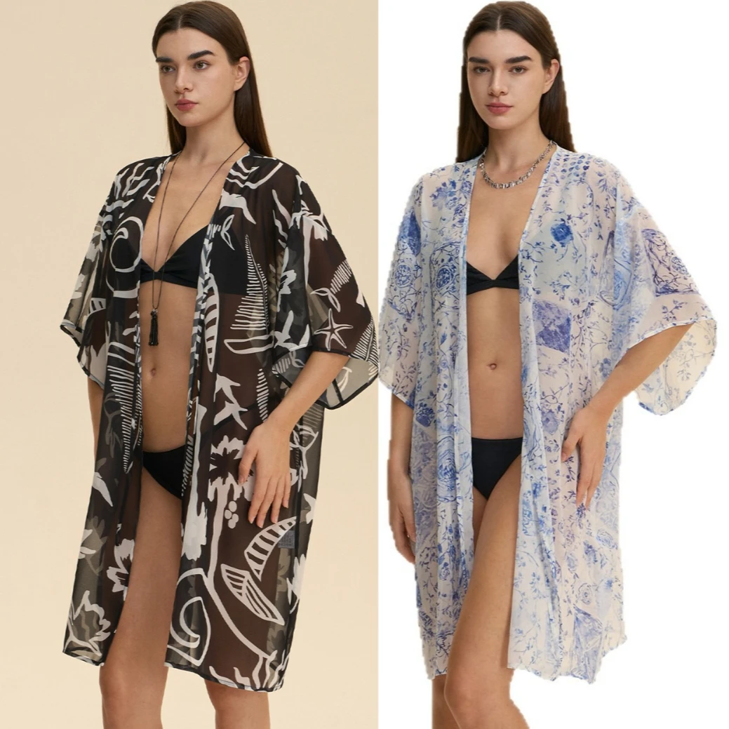 

Женский халат-комбинация из шифона, ночная сорочка, сексуальный прозрачный халат, пляжный кардиган, кимоно, банный халат