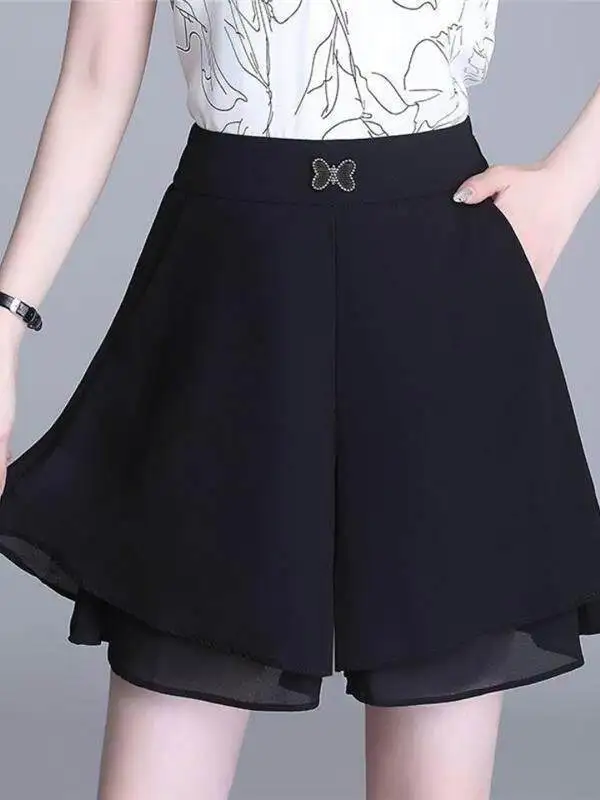 High Waist Wide Leg Pants Women's Summer New Style Loose Fit Three Quarter Length Silk Chiffon Casual Trousers for Middle-Age...