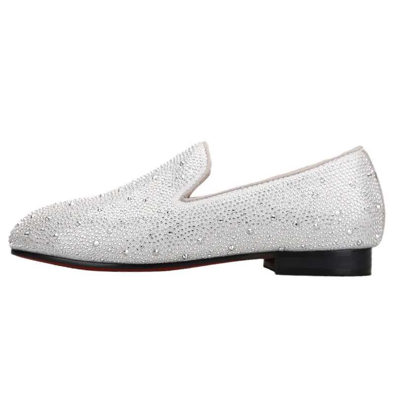 Piergitar Sliver Leather Parent-Child Shoes Handmade Crystal Kid's Loafers For Birthday Red Color Bottom Slip-On Toddler Flats