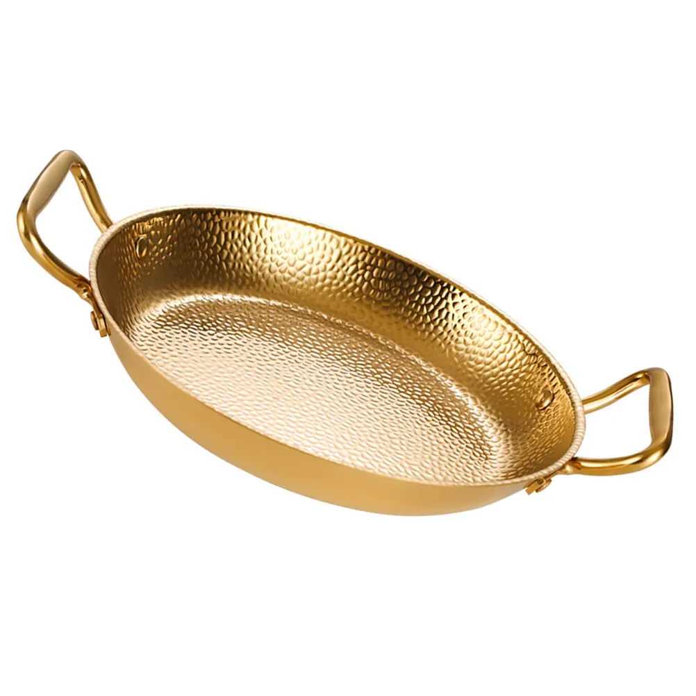 

Stainless Steel Seafood Paella Pan 20cm Double Handle Flat Bottom Hot Pot Cookware Kitchen Supplies Golden Color