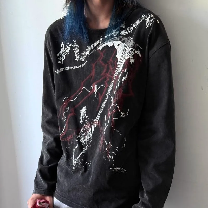 

Autumn Japanese Gothic Vintage T-shirt Women Grunge Punk Long Sleeves Print Tees Streetwear Y2k Harajuku Subculture Tops New