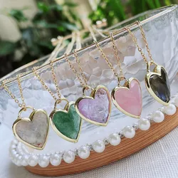 Healing Natural Crystal Pendant Necklace for Women Heart Shaped Stone Charm Opal Moonstone Pink Quartz Purple Crystal Necklace