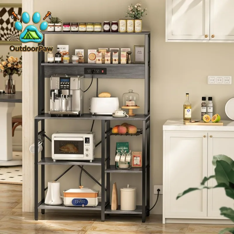 Bakers Rack with Power Outlet, 35.4 Inches Coffee Bar, Kitchen Microwave Stand with 6 S-Shaped Hooks, Open Storage Shelves