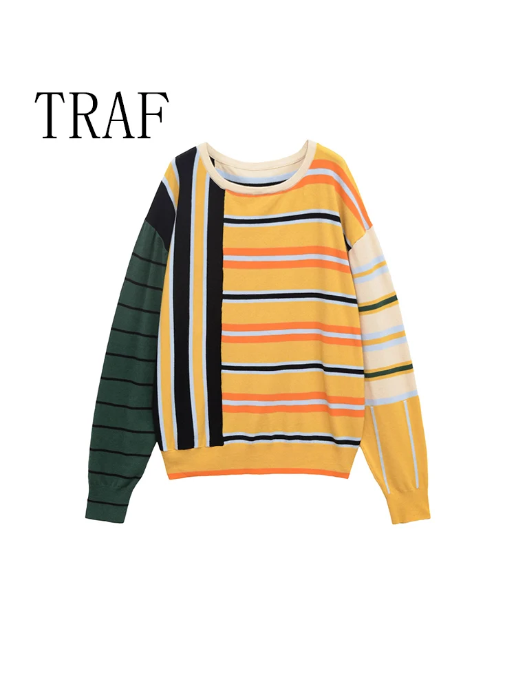 

TRAF European and American style summer new women's casual simple round neck long sleeve contrast color stitching sweater