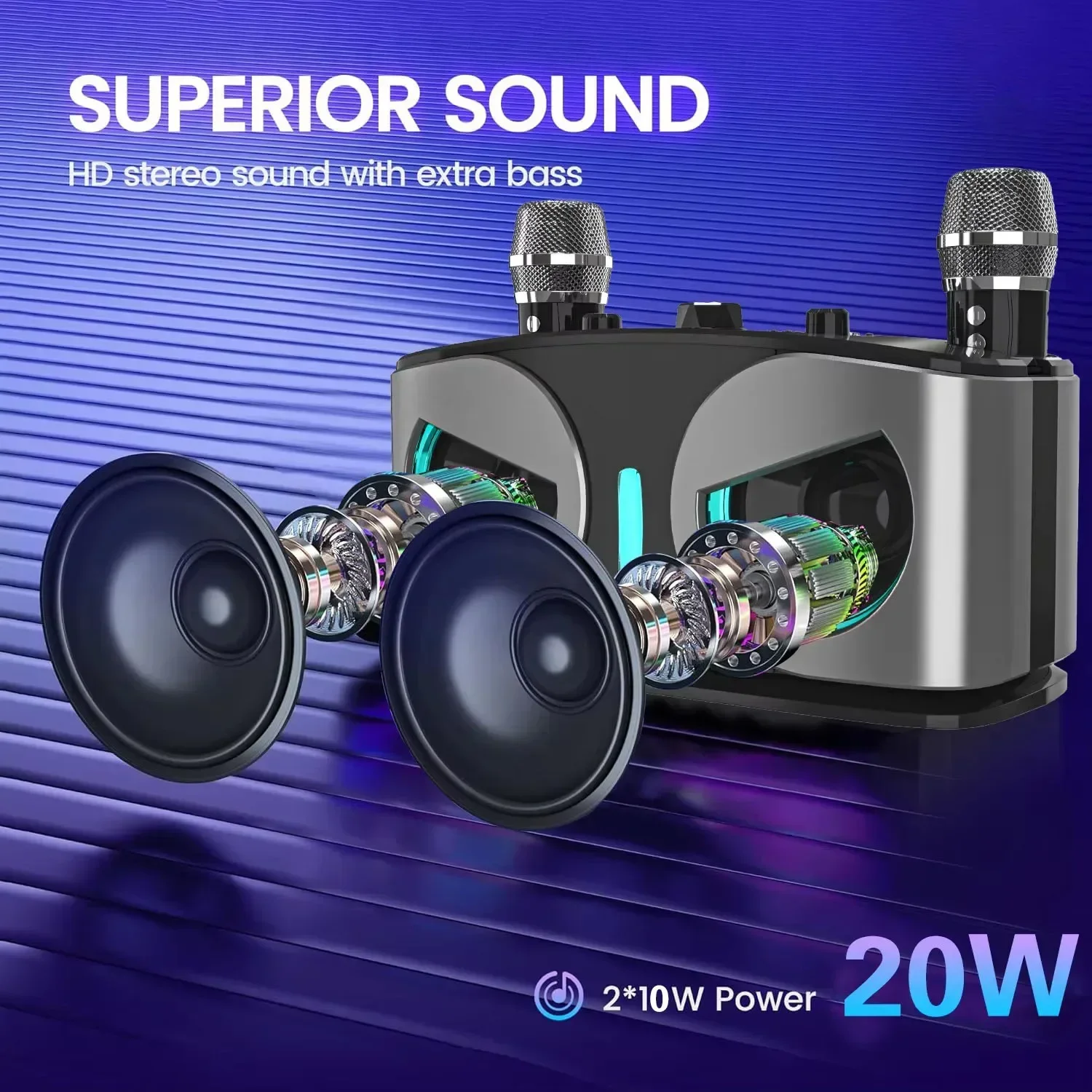 20W Family Karaoke Speaker with Dual Wireless Microphone Outdoor Portable Subwoofer Bluetooth Mini Speaker with Super Bass