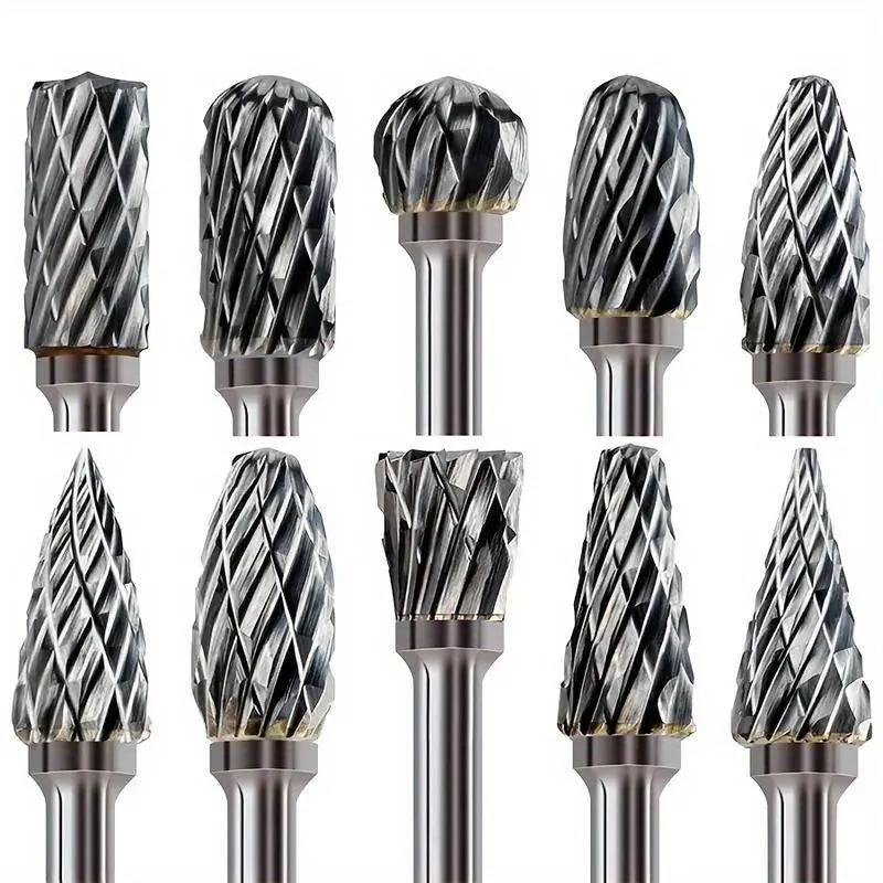 10Pcs Tungsten Carbide Rotary Burr Set, Single Groove Cutting Burrs for Grinding Polishing Engraving Steel Wood Metal Stone Tile