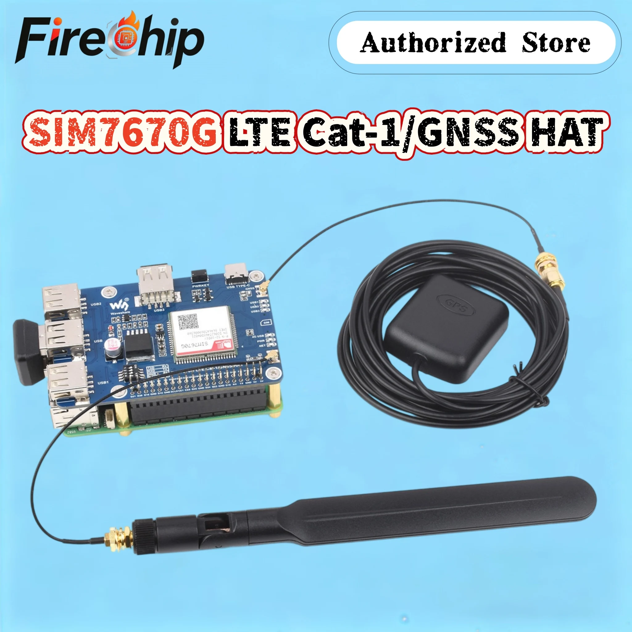 Waveshare Cat-1/GNSS HAT for Raspberry Pi, Based on SIM7670G Module, Global Multi-band LTE 4G Cat-1 Support, GNSS, 3x USB 2.0