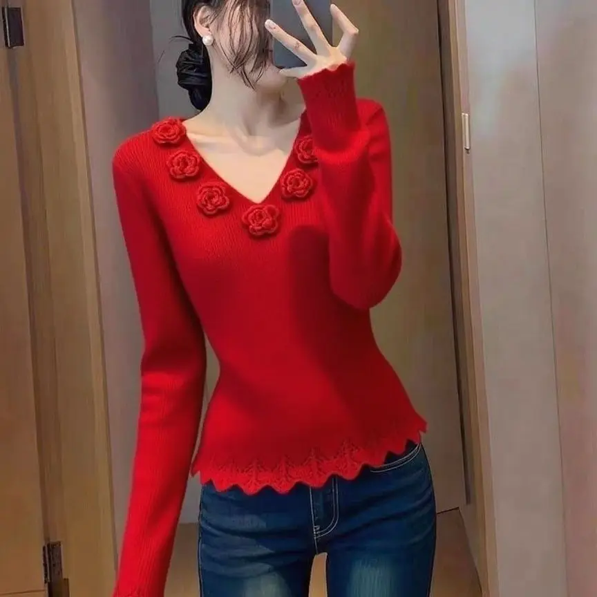 Französisch Hochwertige Pullover Frauen Frühling Herbst Neue Mantel Sanfte V-ausschnitt Pullover Dreidimensionale Blume Strickwaren Damen Top
