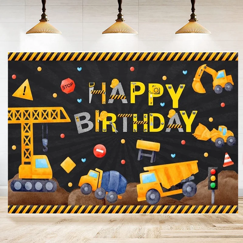 Construction Site Photography Backdrop Yellow Mixer Truck Excavator Construction Site Background Black Decor Banner