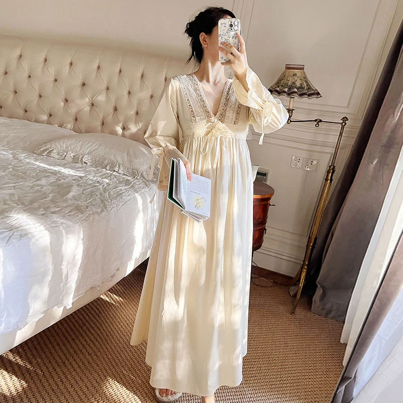 Solid Color Pullover V-neck Long Sleeve Fashion Casual Women's Nightgowns Sleepwear Women Night Gown Sleep Dress Loose