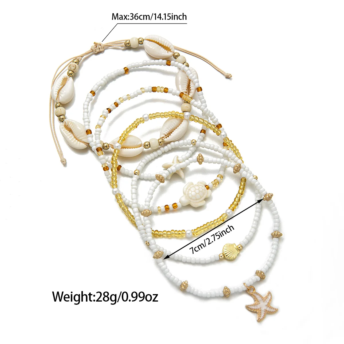 women's Seaside vacation style multi-layer stacked ankle bracelet with shell, turtle and starfish beads