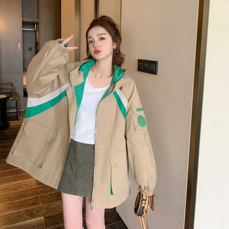 Casual contrasting color hooded trench coat women's small spring khaki tooling jacket
