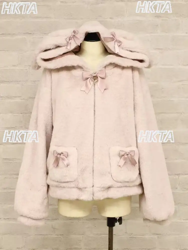 

Japanese Cute Plush Thickened Loose Hooded Fur Jacket Winter Warm Sweet Bow Lolita Versatile Soft Girl Short Furry Coats Women