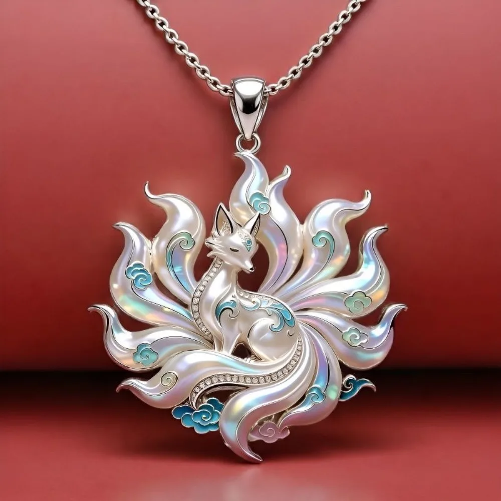 New Chinese Mythology Nine-Tailed Fox Cloud Pattern Enamel Pendant Necklace For Men Women Friends Lucky Souvenir Jewelry Gifts