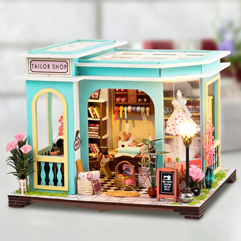 Kits de construcción en miniatura de Casa de tienda de sastre de madera DIY, sujetalibros con luces, estantería ensamblada, decoración del hogar,