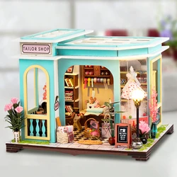 Kits de construcción en miniatura de Casa de tienda de sastre de madera DIY, sujetalibros con luces, estantería ensamblada, decoración del hogar, regalos de amigos