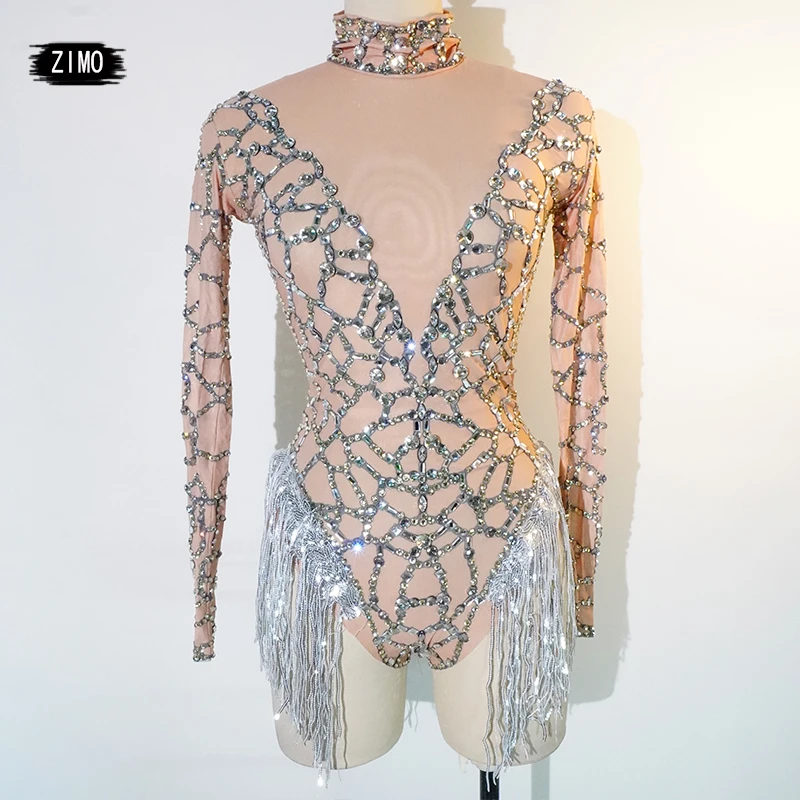 

Sparkly Rhinestones Tassel Bodysuit sexy club outfit for womens long sleeve jumpsuits Nightclub Show Dance Costume pole Bar