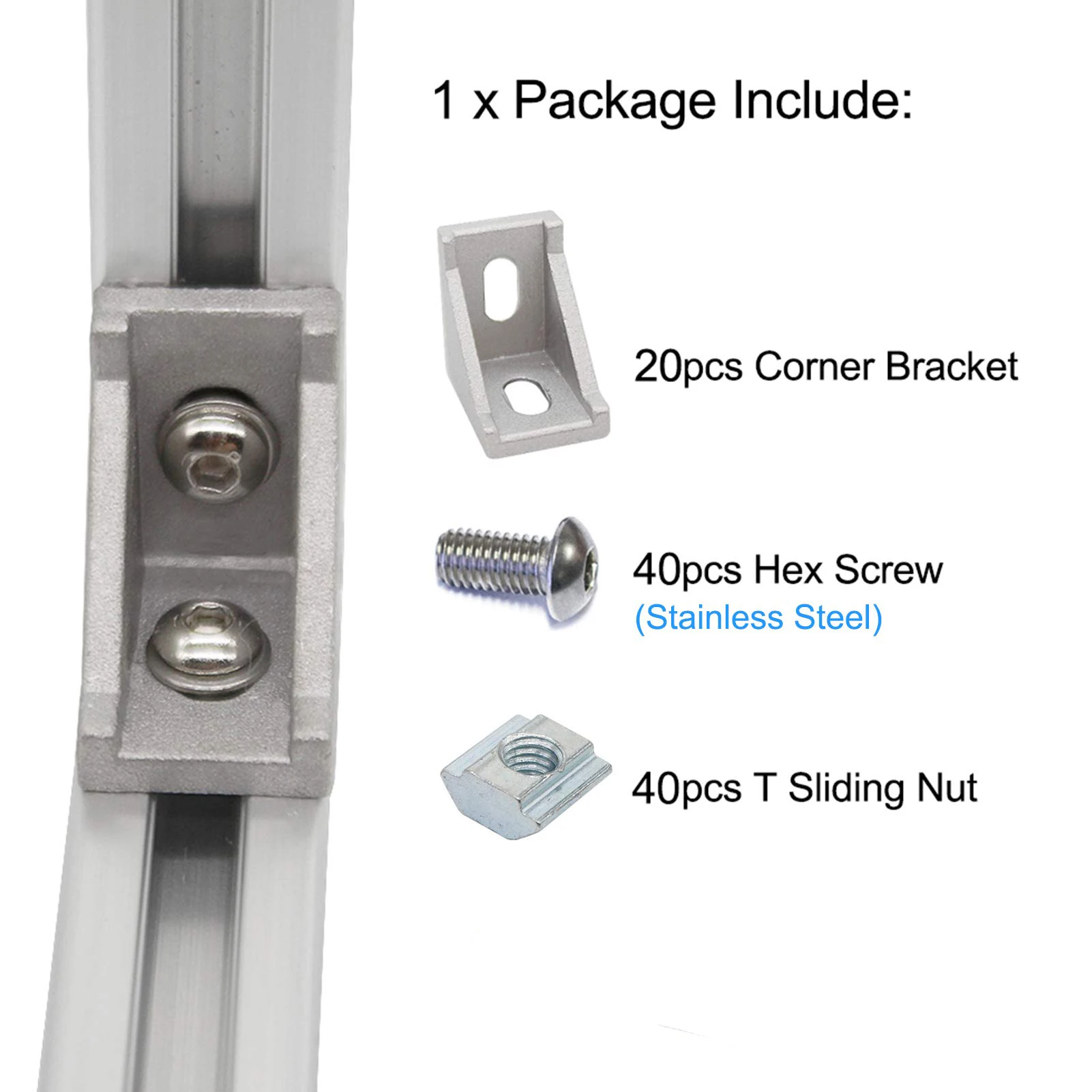 100 Stuks 2020 Aluminium Profiel Connector Set: 20 Stuks Hoekbeugel + 40 Stuks 20 Serie M5 T-Slot Moeren + 40 Stuks M 5X8Mm Hex Dop