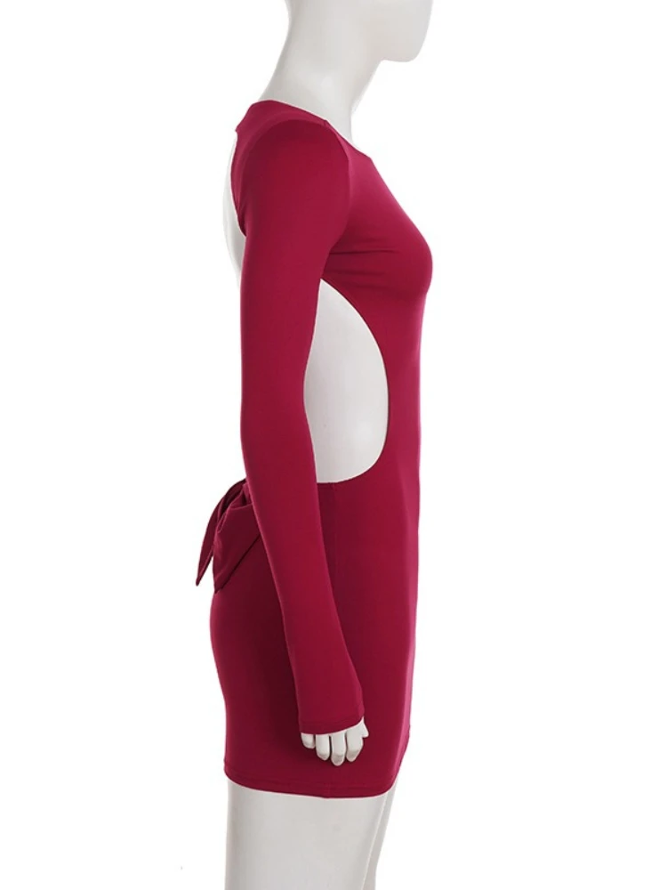 SsTss 2025 جديد مثير مفتوح الظهر القوس فستان المرأة موضة س الرقبة طويلة الأكمام سليم انقطاع أنيقة مساء حفلة Bodycon فستان قصير #5