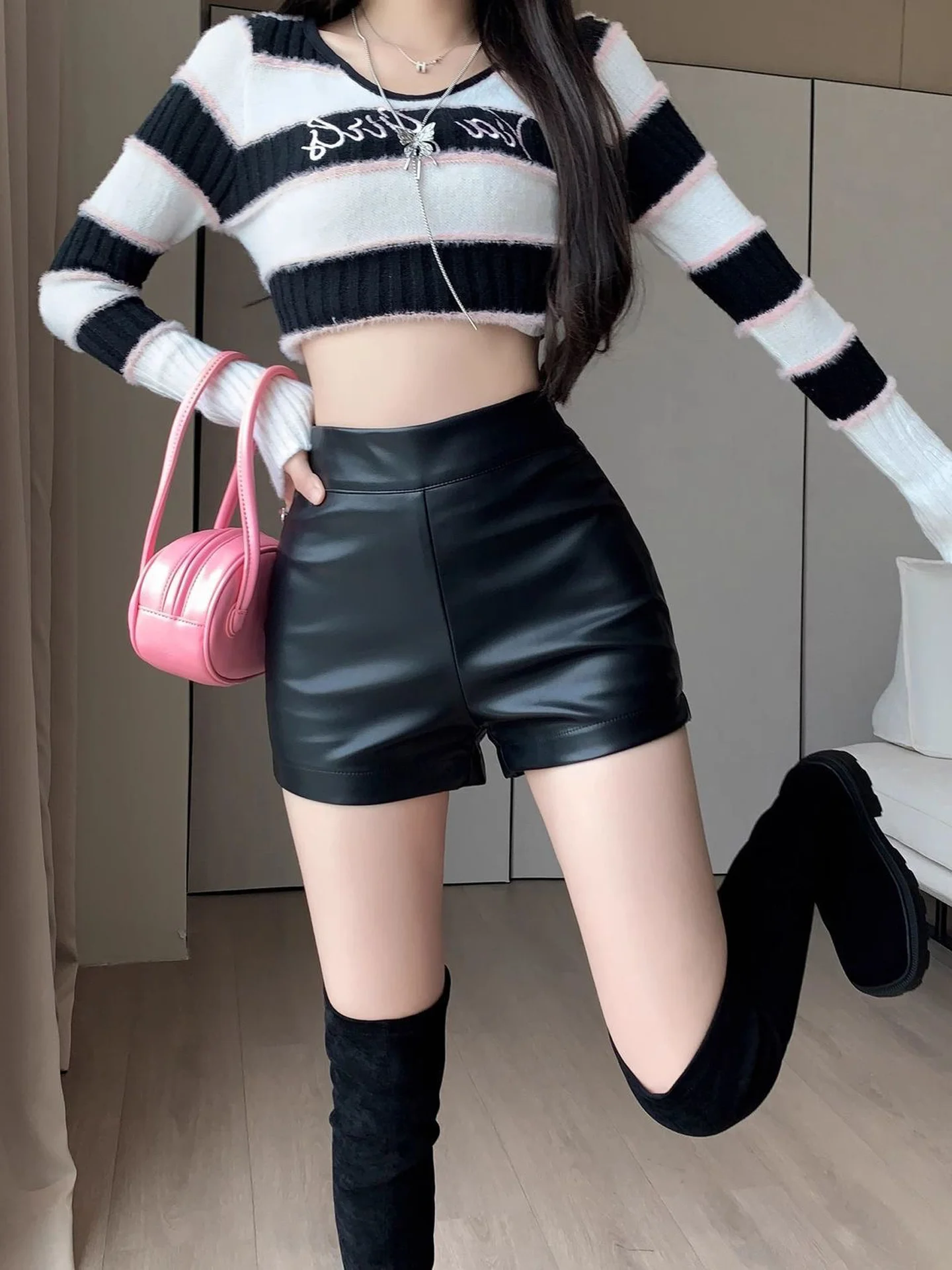 Korean Style High Waist PU Leather Shorts Women's Tight Fitting Bootcut Pants Autumn New Style Slimming Base Layer Trousers