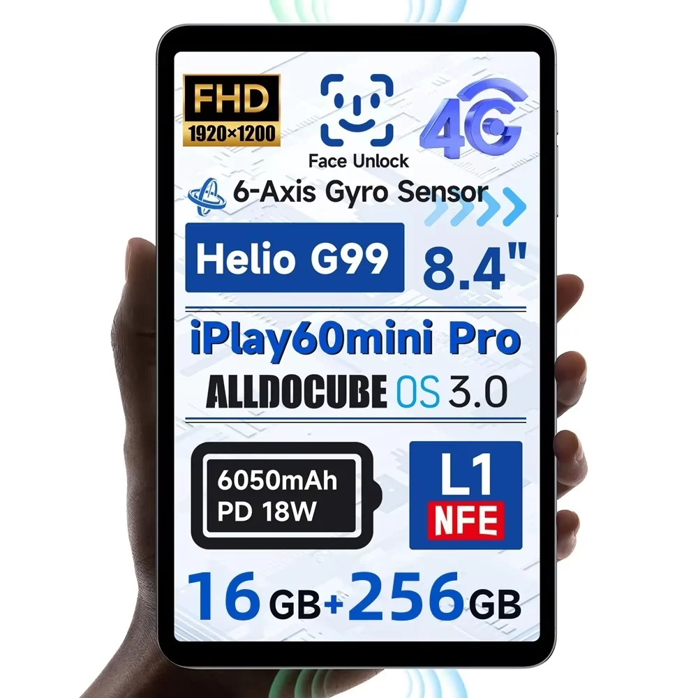 ALLDOCUBE iPlay 60 Mini Pro 8.4 inch Android 14 Tablet 8GB+8GB RAM 256GB ROM Widevine L1 Dual SIM Tablets 4G LTE 6050mAh Battery