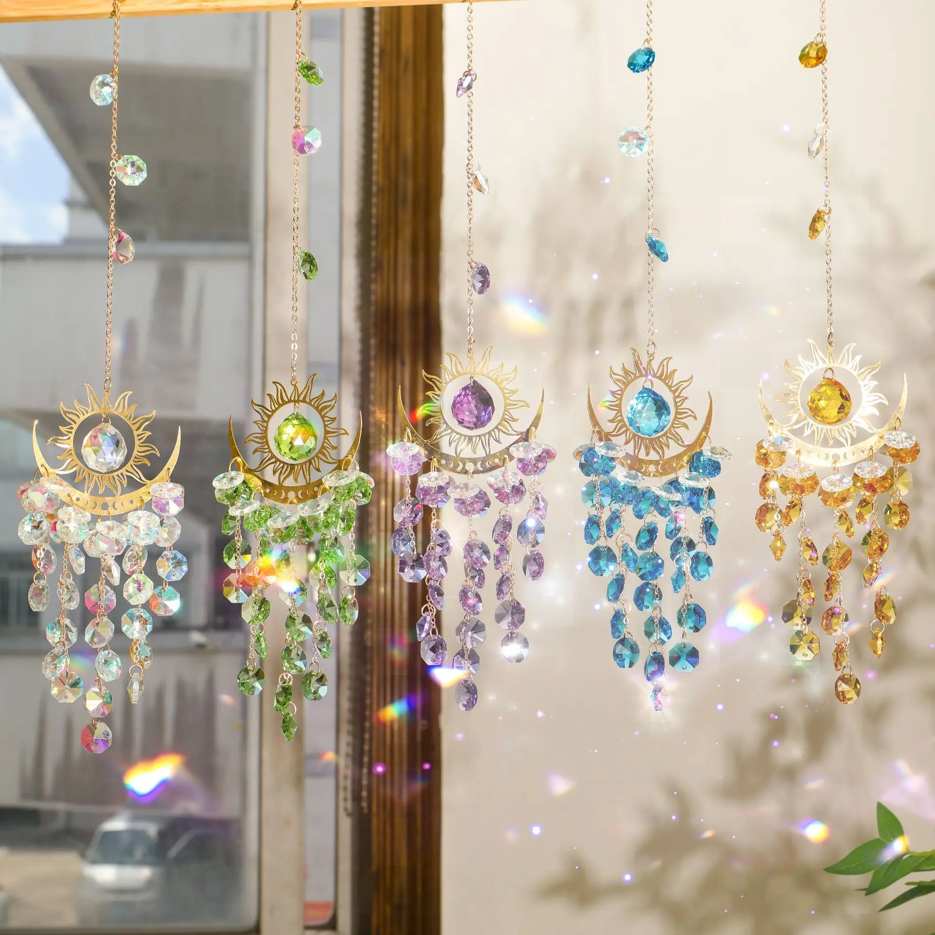 

FL Golden Flame Moon AB Color Crystal Wind Chime Pendant Sun Catcher, Sunshine Jewelry Pendant Citrine