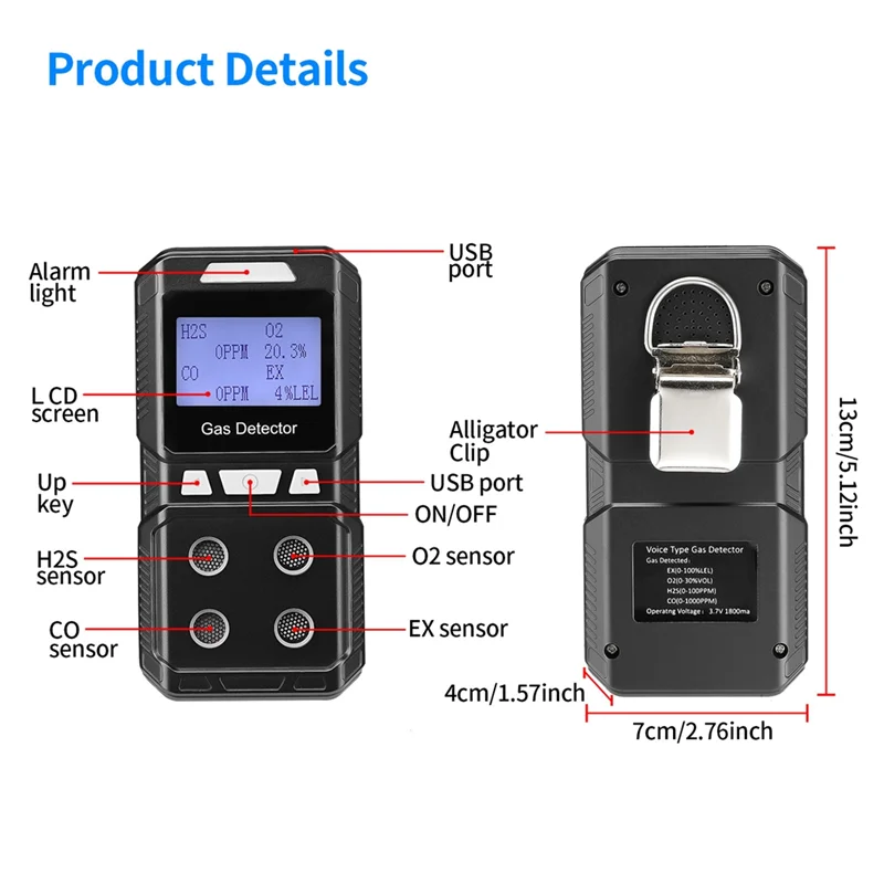 Portable 4 Gas Detector Toxic And Combustible Gas Detector Analyzer High Precision EX O2 H2S CO US Plug-New