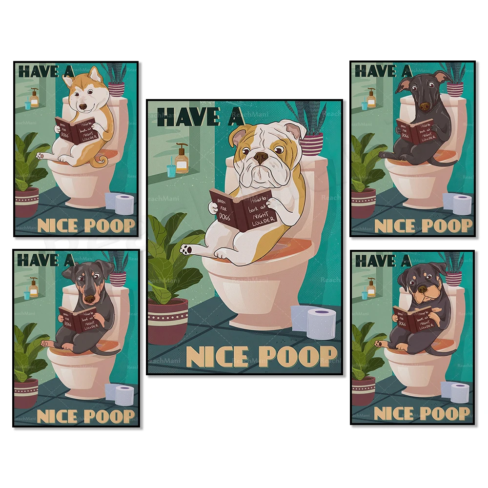 Greyhound, Bulldog, Rottweiler, Shiba Inu, Doberman have beautiful poop. Dogs go to the toilet. Animal poster, dog lover gift.