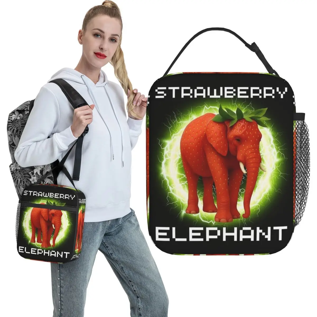Strawberry Elephant Italian Brainrot Meme Lunch Bag Fun Lunch Box Picnic Portable Thermal Lunch Bags For Women Print Cooler Bag