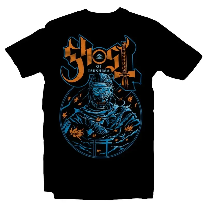 Unisex Fashion Streetwear Hipster Ropa Hombre 2024 New Ghost of Tsushima As Heavy Metal Band Music Parody Black T-Shirt image 2