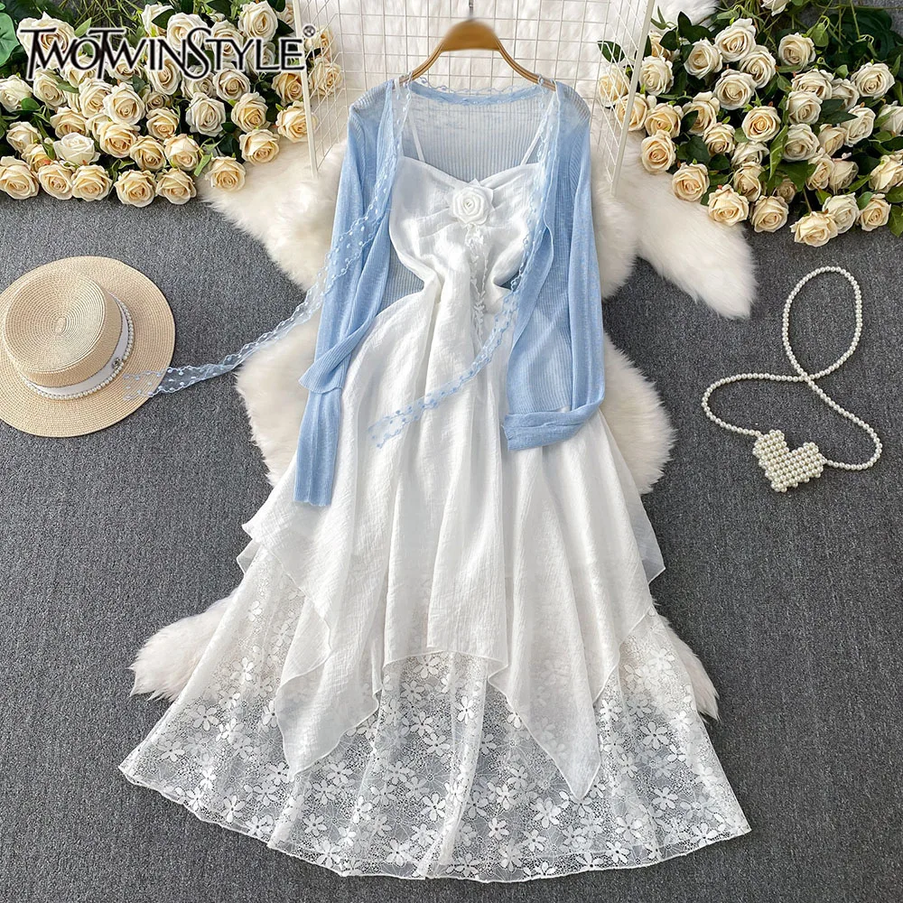 

TWOTWINSTYLE Casual Solid Two Piece Sets For Women Round Neck Long Sleeve Top High Waist Dress Elegant Set Female New KSE541941