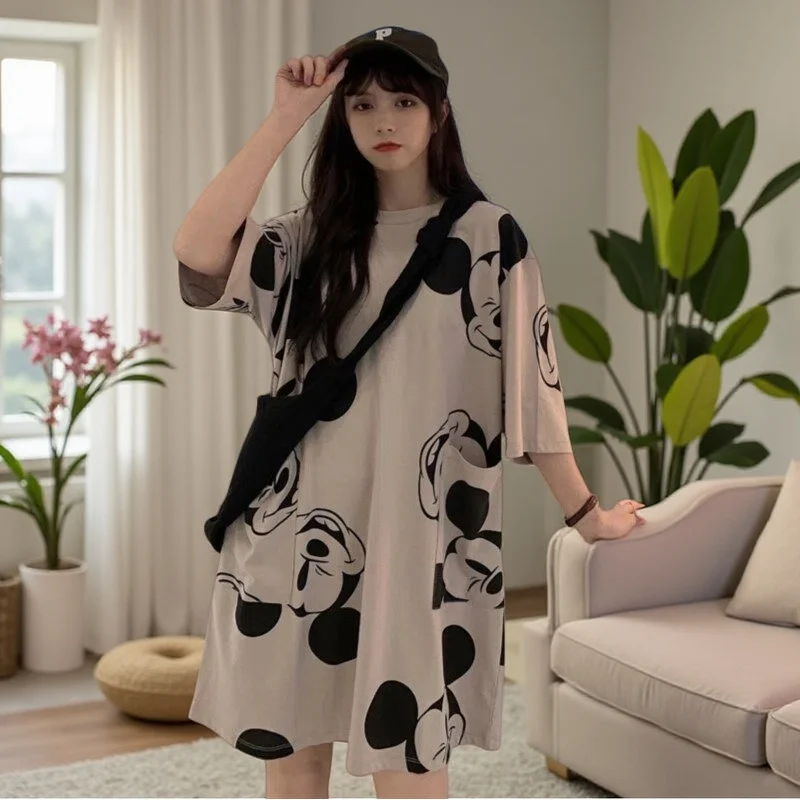 

Summer Womens dresses T Shirts Cotton Quality cartoon Print T-shirt Mid-length Short Sleeve Girls Casual sexy long Female dress