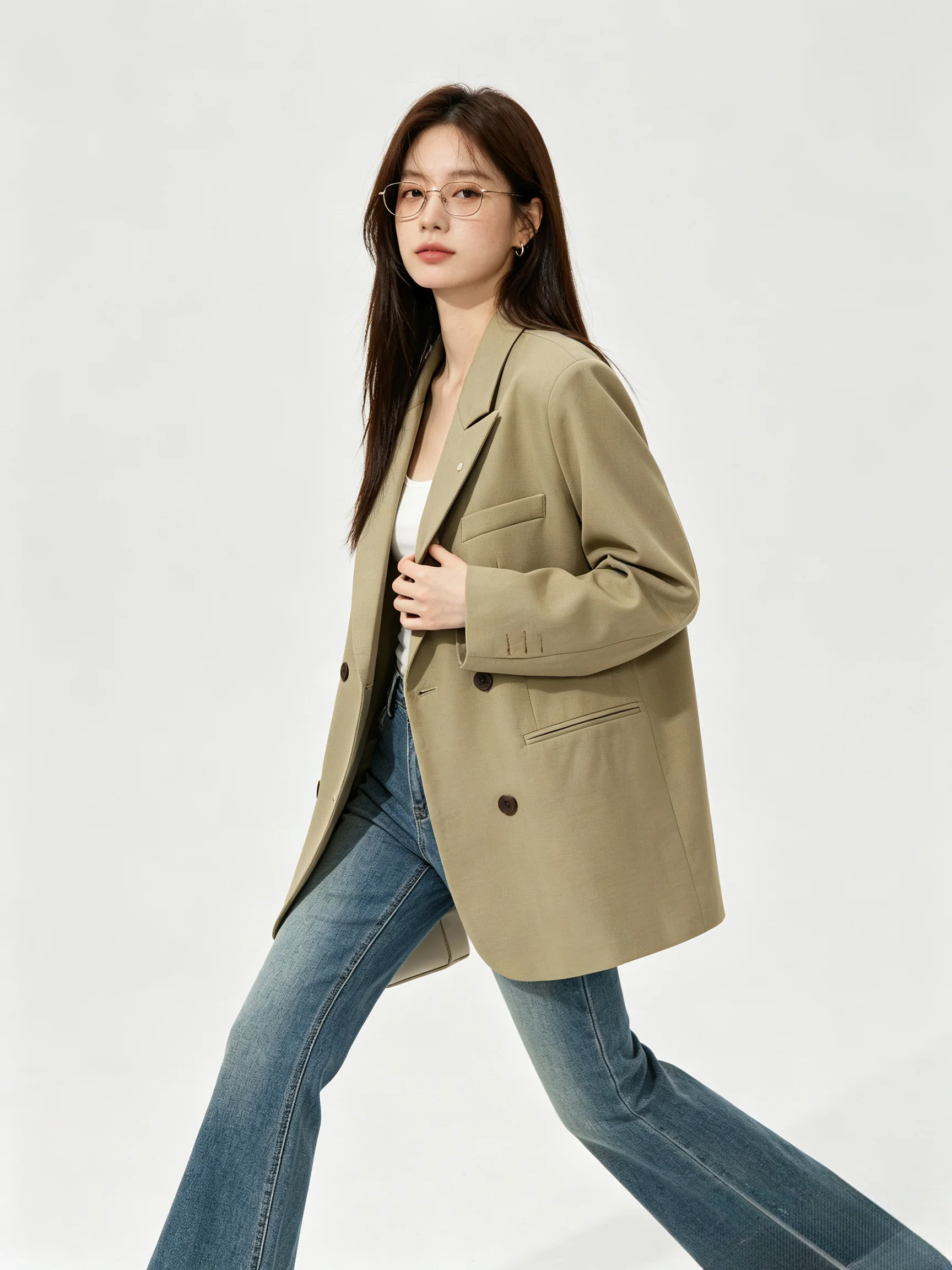 Loose Long Sleeve Double Breasted Korean Style Women's Suit Jacket Casual Anti Aging Versatile Breathable Standard Fit