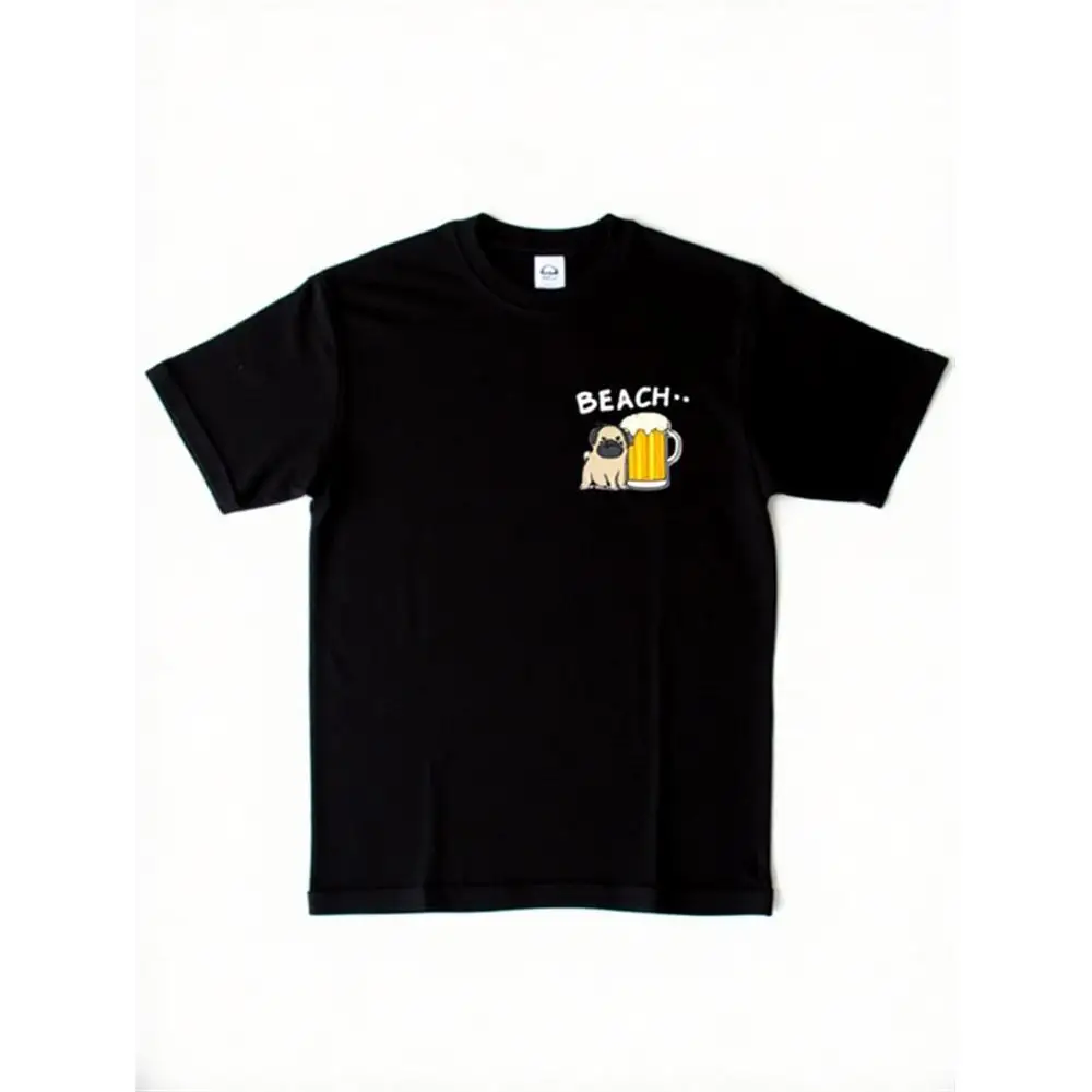 Men Black Pug Beer Print T Shirt Funny Gift for Pug Dog Lovers Casual Round Neck Tee Cute Pug Beer Design Machine Washable
