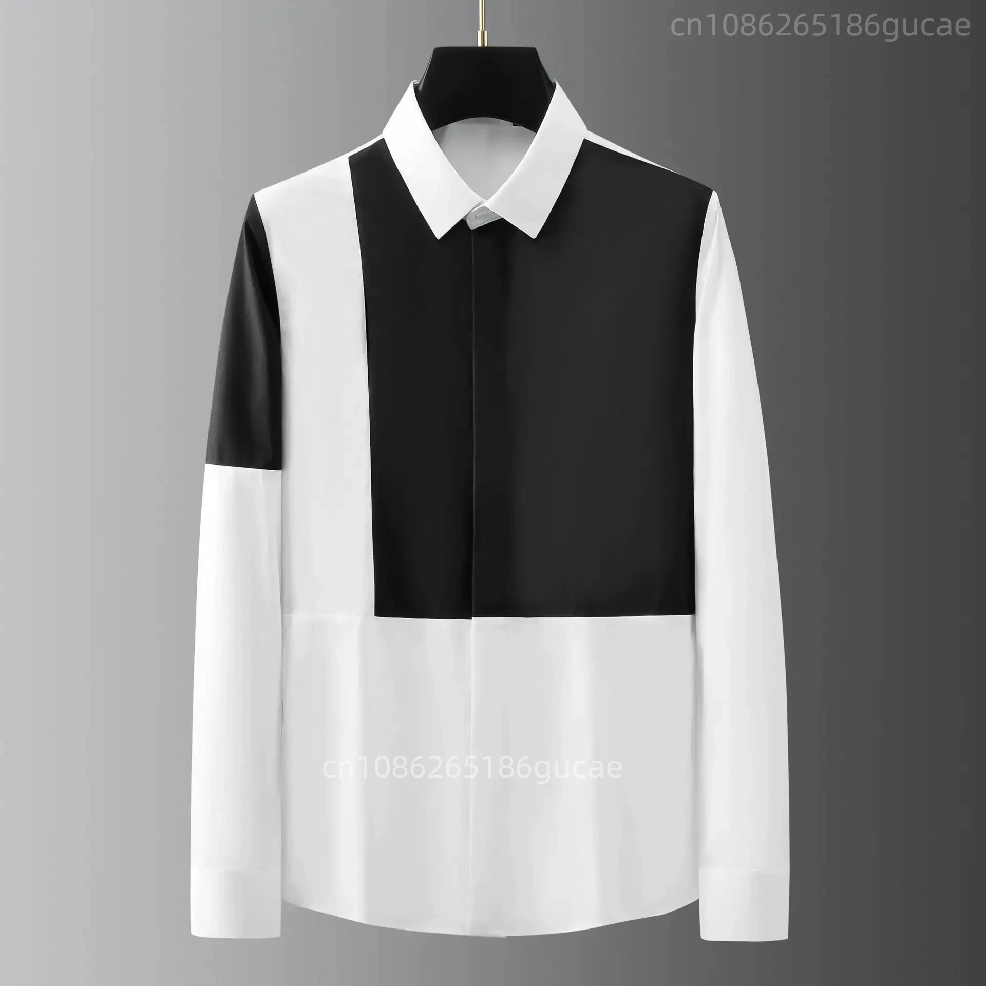 

2024 European and American Hot Selling Fashionable Men's High Quality Black and White Irregular Printed Long Sleeve Button Top